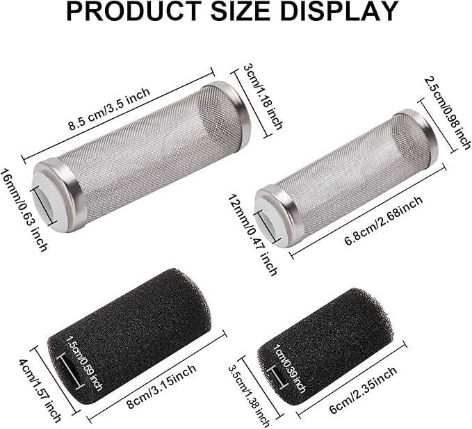 2 Pcs 12mm/16mm Stainless Steel Aquarium Filter Intake Guard Mesh Cover,Fish Tank Filter Guard with 2PCS Filter Sponge for Breeding Fish Shrimp Tank