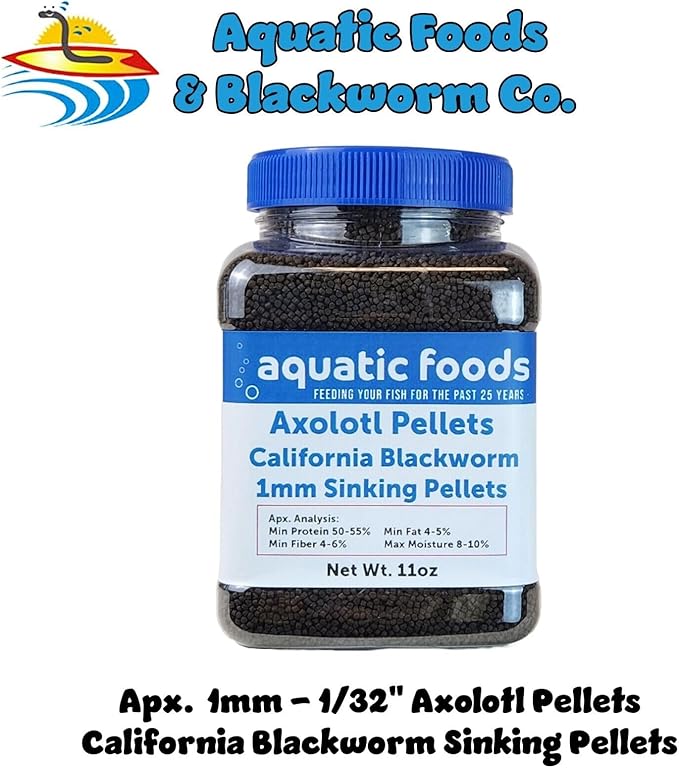 Axolotl Blackworm Pellets. 1mm-1/32 Sinking California Blackworm Micro Pellets for Baby Axolotl, Frogs, Shrimp, Salamanders, Newts, Snails…11oz Jar