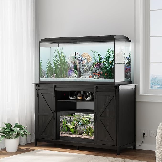 VOWNER Farmhouse 55-75 Gallon Fish Tank Stand with Power Outlet, Aquarium Stand with Storage Cabinet and Sliding Barn Door, Heavy Duty Reptile Tank Stand, for 2 Tanks, 1000LBS Capacity, Black