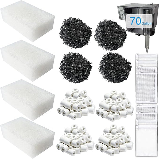 4 Set Three-Stage Filtration Maintenance Kit, Replacement for AquaClear 70 Power Filter - Bio Foam, Activated Carbon & Ceramic Rings for 40-to-70-Gallon Aquariums