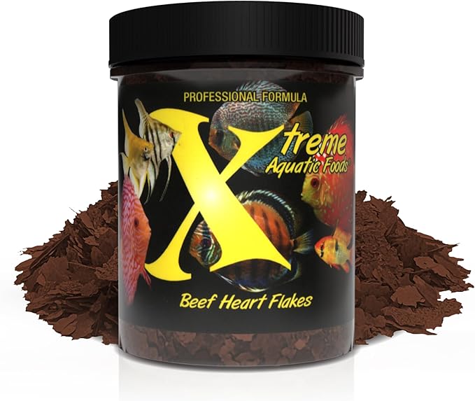 Xtreme Beef Heart Flakes - High Protein, Nutrient-Dense for Tropical & Freshwater Fish, Supports Growth, Color Enhancement, Easy Digestion - Ideal for Discus and Cichlids (1oz)