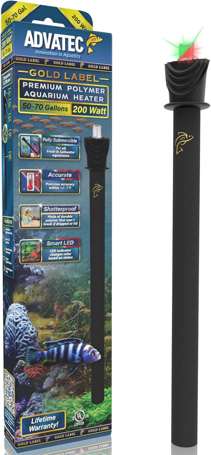 Premium Polymer Aquarium Heater with Advanced LED Temperature Control System - for Fresh & Saltwater Aquariums (200 Watts / 50-70 Gallons)