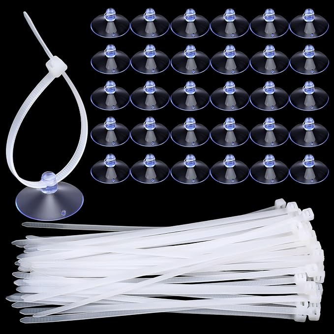 60 Pcs Aquarium Suction Cups with 60 Pcs Adjustable Zip Ties Set, Small Suction Cups for Aquarium Plant Holder Fish Tank Plants Kitchen Christmas Hanging Organization