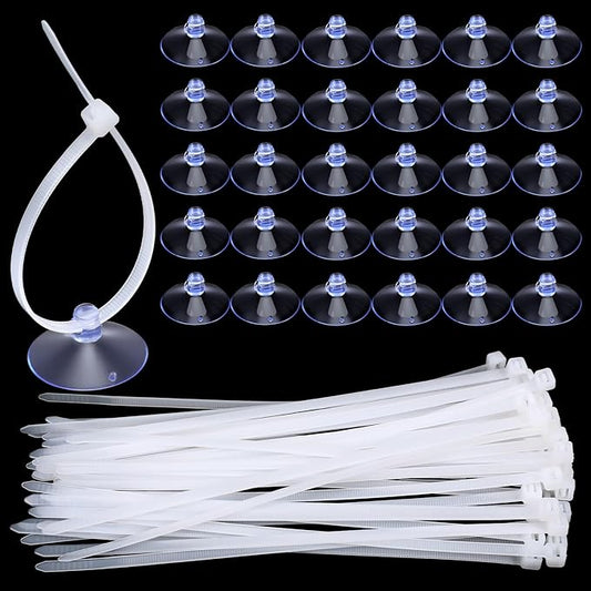 60 Pcs Aquarium Suction Cups with 60 Pcs Adjustable Zip Ties Set, Small Suction Cups for Aquarium Plant Holder Fish Tank Plants Kitchen Christmas Hanging Organization