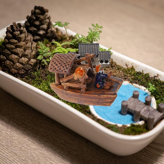 Didiseaon Micro Boat Figurine Landscape for Fish Tank, 3Inch Mini Ceramic Vintage Boat Ornament for Garden Bonsai Sand Table Crafts