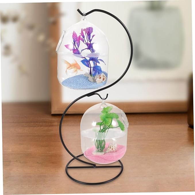 BESTOYARD Desktop Hanging Fish Tank with Stand Small Glass Aquarium Fish Bowl for Betta Modern Wall Hanging Mini Aquarium for Home Office Garden Clear Suspension Design 12.99X5.90X4.92In