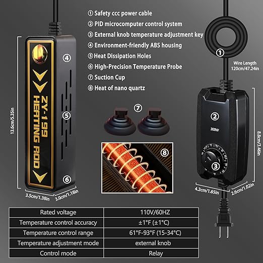 Adjustable Aquarium Heater Aquarium Heater,Submersible Adjustable Fish Tank Heater 300W,Rotatable and Adjustable Temperature Control, Used for 40-80 Gallon