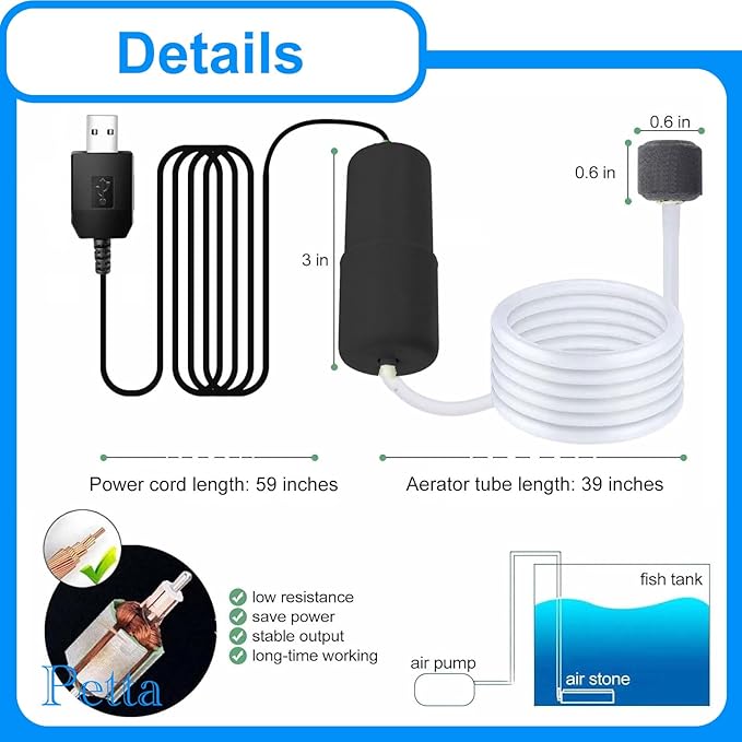USB Air Pump for Aquarium, Quiet Mini Oxygen Air Pump with 1 Sponge Filter, 1 Air Stone for Shirmp Nano Fish Tank & Transporting Aquatic PA152-3