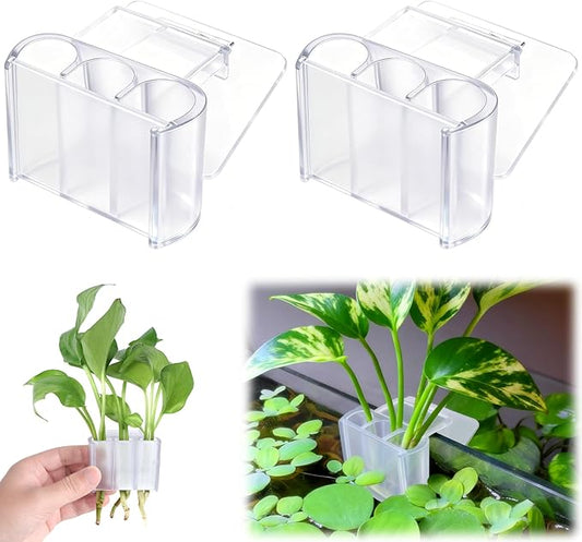 sogiv 3 Holes Aquatic Plant Cups, Hanging Aquarium Plant Holder for Fish Tank Plants Potting, Aquascape Accessories Decorations, Clear, 2 Pcs