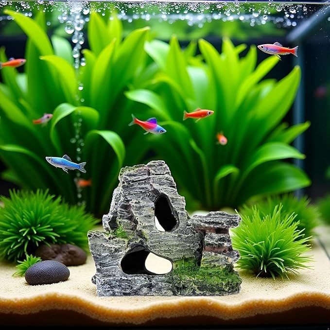 Artificial Moss Rock Aquarium Stone Cave – Resin Fish Tank Decor for Hiding and Landscaping, Small Mountain Terrain Ornament, Natural-Looking Habitat for Fish, Shrimp, and Reptiles, Decoration