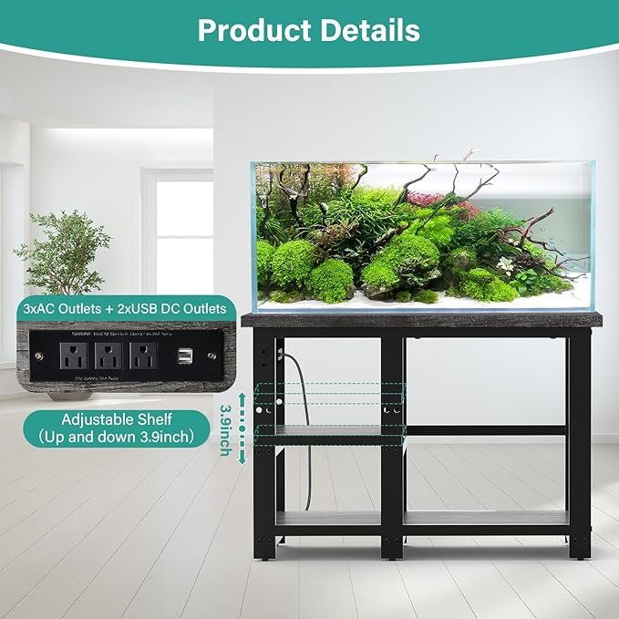 AQQA 40-50 Gallon Fish Tank Stand with 5 in 1 Power Outlets, 36x18 Inch Heavy Duty Metal Frame Aquarium Stand, Adjustable Storage Shelves, 720LBS Capacity Terrarium Stand, 3 Tiers Reptile Tank Stand