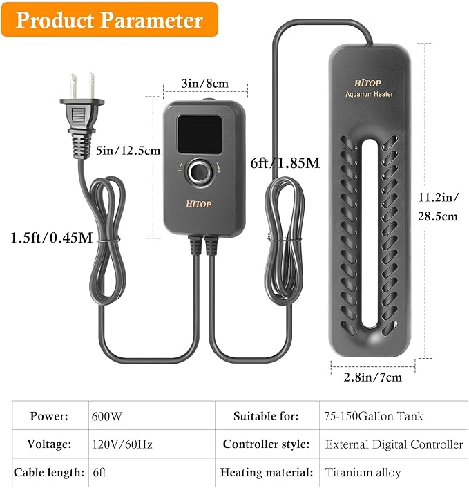HITOP 600W Digital Submersible Aquarium Heater: Large Fish Tank Heater with Intelligent Temp Control Device, Titanium Aquarium Heater for Freshwater/seawater for 75-150Gal Tank