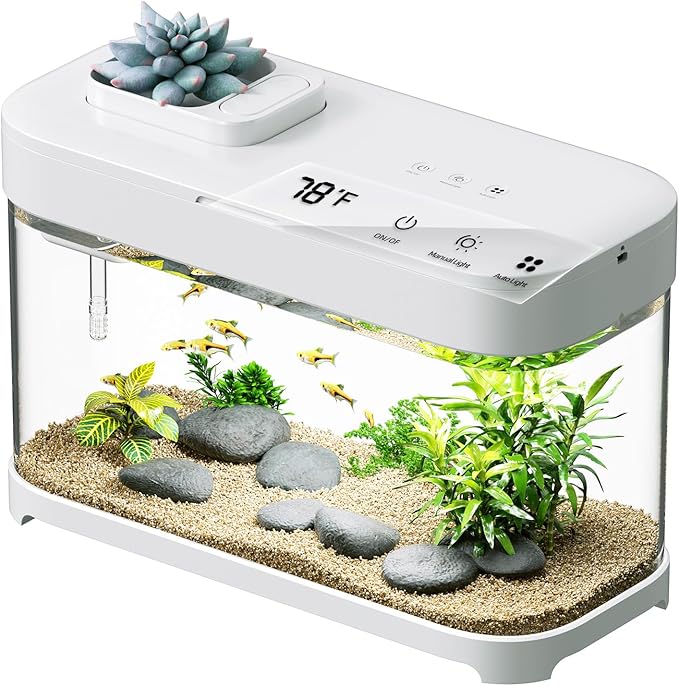 Smart Fish Tank 3 Gallon Aquarium Starter Kit with Temperature Monitor, Hidden Filtration, 8 Color Lighting, Self Cleaning Small Betta Tank Acrylic