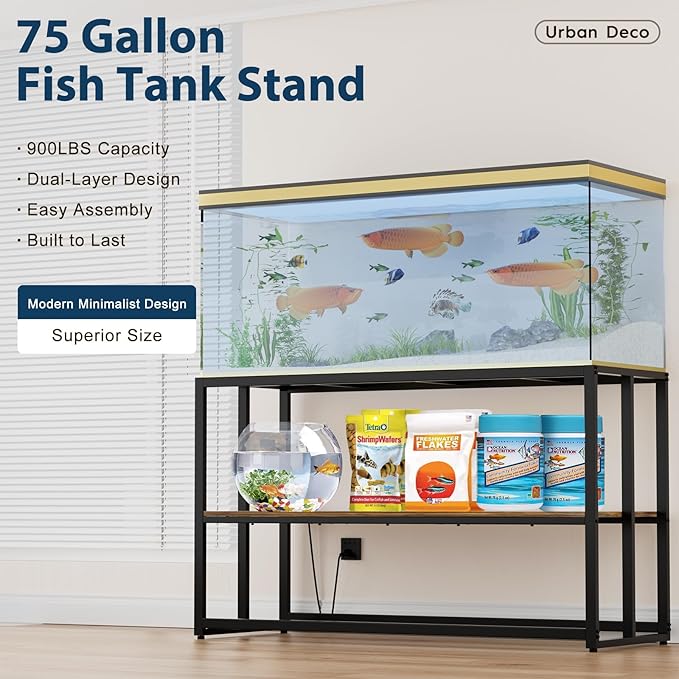 Urban Deco 55-75 Gallon Fish Tank Stand with Power Outlets, 900LBS Capacity Aquarium Stand, Metal Fish Tank Stand Dual-Layer Design Terrarium Stand, Rustic Brown