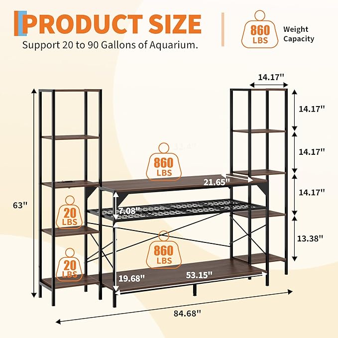Garvee 20-90 Gallon Fish Tank Stand ,Aquarium Stand with Power Outlet,Heavy-Duty Reptile Terrarium Stands with 12-Leg Support and 4-Tier Storage Shelves,Fish Tank Table Aquarium Table,Load 860lbs