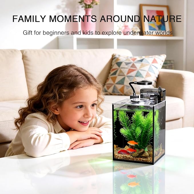 1.2 Gallon Betta Fish Tank, Small Aquarium Kit,Glass Small Fish Tank,Betta Fish Tank with a lid and Light and Filter, Small Transparent Glass Fish Tank with Light and Filter(Black Glass Background)