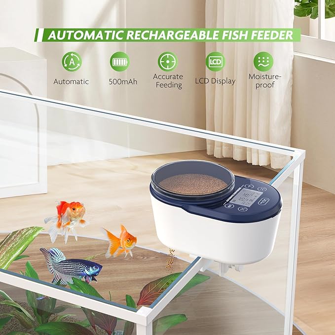 PAIZOO Automatic Fish Feeder, Rechargeable Timer Fish Dispenser for Aquarium, Moisture-Proof Betta Food Vacation Feeder with LCD Display for Betta, Goldfish, Shrimp