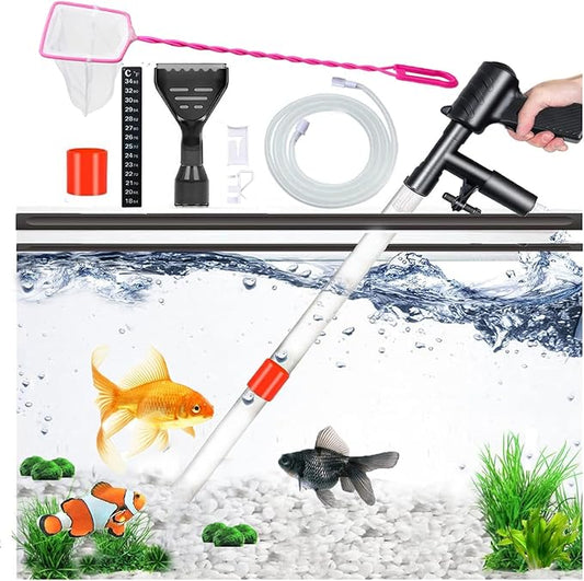 Aquarium Gravel Cleaner Siphon Fish Tank Vacuum Cleaner for Absorb Dirt Wash Sand Algae Scrapers Water Changer Gravel Washer Aquarium Thermometers Fish Net kit for Fish Tank Cleaning Gravel and Sand