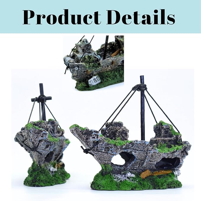 Fish Tank Decorations, Resin Shipwreck Aquarium Decor for Tank, Sunken Ship Aquarium Decorations Large, Betta Fish Tank Accessories, Wrecked Ship Fish Hideout Freshwater Saltwater Tanks
