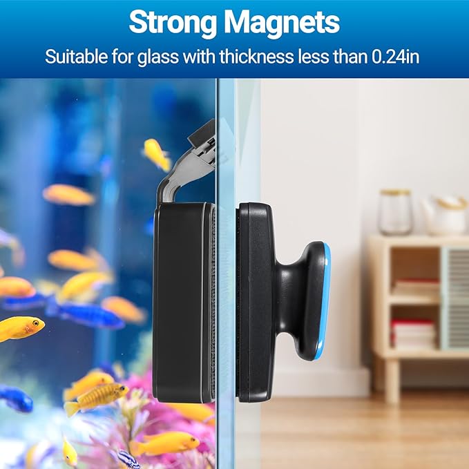 Yaubay Aquarium Magnet Glass Cleaner, Magnetic Fish Tank Cleaner with Algae Scraper, Double Sided Cleaning Scrubber Brush with Handle, Titanium Blade, Self-Floating, Fit Max 1/4" Thick Glass, Medium