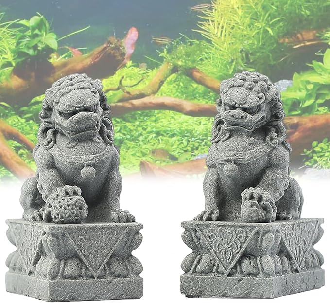 livelyfish Asian Fu Foo Dogs Statues Mini Pair of Two Guardian Lion Sandstone Figurine Pets Fish Tank Aquarium Landscape Ornaments Accessories Feng Shui Decorations (M2)