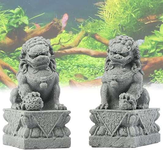 livelyfish Asian Fu Foo Dogs Statues Mini Pair of Two Guardian Lion Sandstone Figurine Pets Fish Tank Aquarium Landscape Ornaments Accessories Feng Shui Decorations (M2)