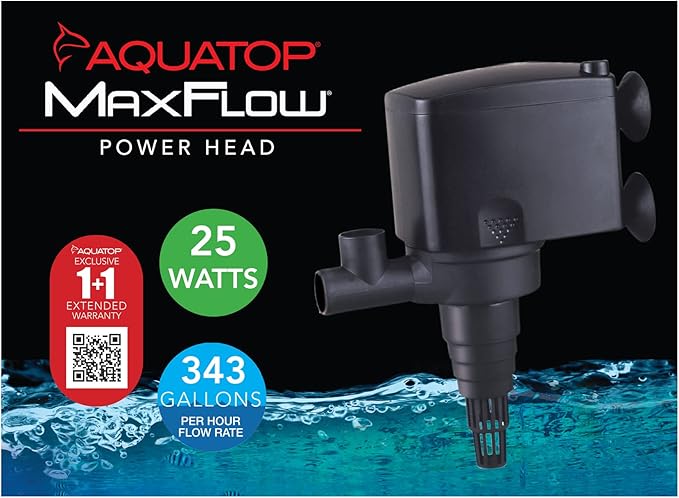 Aquatop MaxFlow 343 GPH Submersible Aquarium Power Head - High-Performance Fish Tank Water Pump, Quiet and Efficient, PH-16