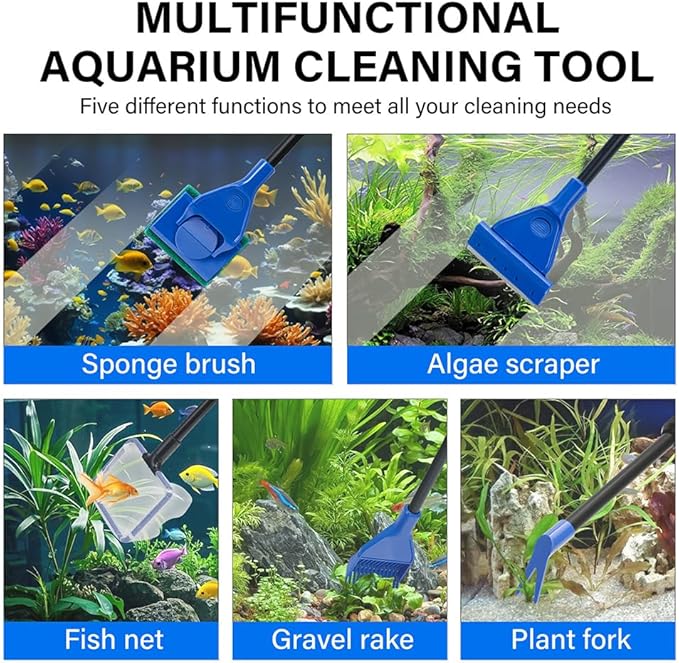 5 in 1 Fish Tank Cleaner Kit Aquarium Cleaning Tools with 22~32 Inch Extendable Non-Slip Handle Fish Tank Cleaner with Algae Scraper and Fish Net