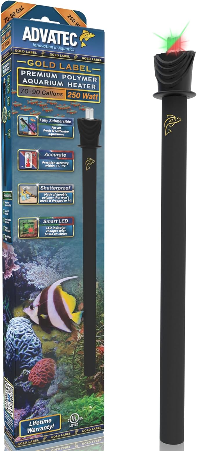 Premium Polymer Aquarium Heater with Advanced LED Temperature Control System - for Fresh & Saltwater Aquariums (250 Watts / 70-90 Gallons)
