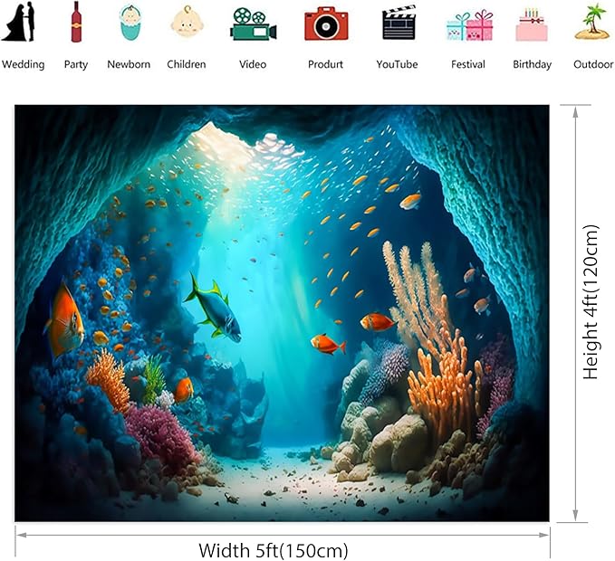 Renaiss 5x4ft Under The Sea Backdrop Fabric Ocean Underwater World Little Mermaid Tropical Fish Aquarium Photo Background Birthday Party Decorations Newborn Baby Shower Party Photo Prop