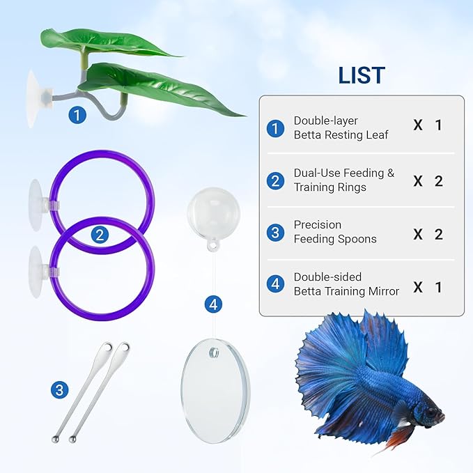Betta Fish Toy Set: Betta Training Floating Mirror, Training/Feeding Ring, Spoon, and Resting Leaf. Promotes Exercise. Betta Toys, Resting & Feeding Kit, Purple