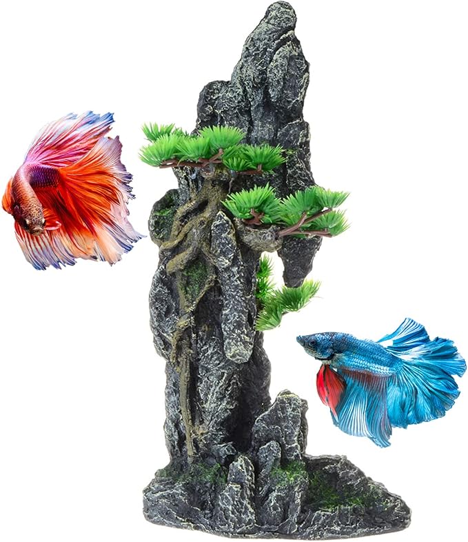 Tall Aquarium Decor Mountain View with Tree & Cave 13.8inch, Large Fish Tank Decoration, Artificial Resin Rock Mountain Betta Fish Tank Ornament for Goldfish Cichlid Shrimp Hiding Playing