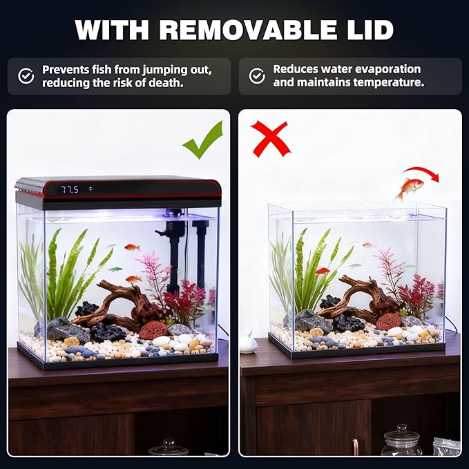 Coospider 10 Gallon Glass Fish Tank, Aquarium Starter Kit, Simple Self-Cleaning Aquarium with 3-Color LED Lights, Quiet Filter Pump, Temperature Monitoring for Fish, Shrimp, Kids Gift Ideas