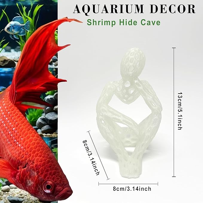 Shrimp Hide Cave for Aquarium - Luminous Shrimp Cave & Sculpture, 3D Printed White Fish Tank Accessories Decorations, Safe Shelter for Shrimps/Betta/Turtles, Mini Art Statue (White/Glowing Green)