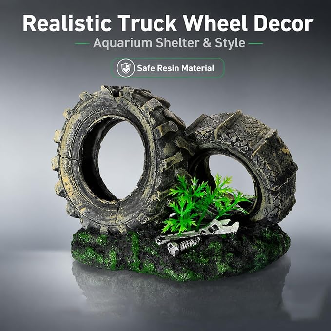 Mipukbay Fish Tank Decoration, Truck Wheel Aquarium Decor Hiding Cave Ornament for Freshwater/Saltwater, Safe Landscaping Rock Resin Decoration for Betta Fish, Goldfish and Aquatic Pets
