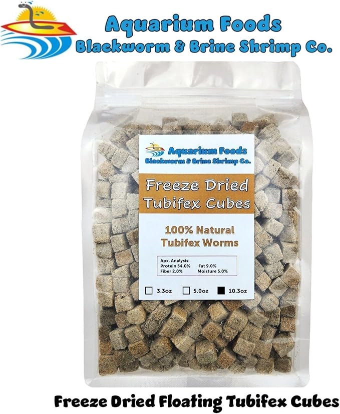 Tubifex Worm Cubes, Floating Freeze Dried Tubifex Cubes for All Tropical Fish, Cichlids, Discus, Tetras, Bettas, Goldfish, Angel Fish, Catfish, Koi & Pond Fish - 10.3oz Clear Bag