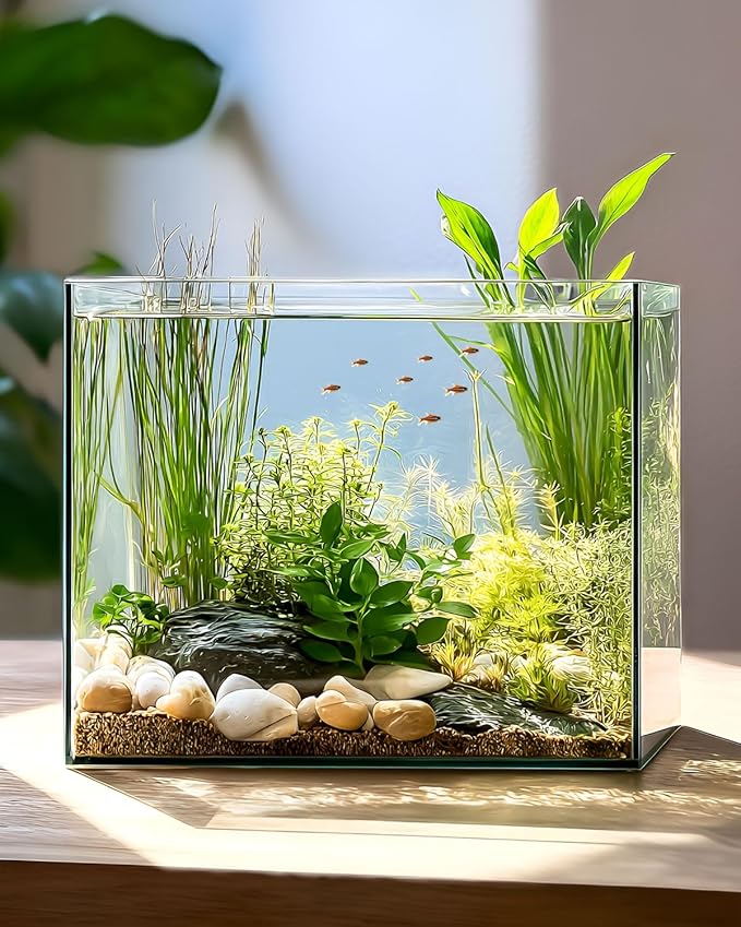 7 Gallon Clear Glass Fish Tank, Cube Aquarium Fish Bowl Ultra Clear Rimless Design for Betta Goldfish Snails Shrimp Aquatic Planting