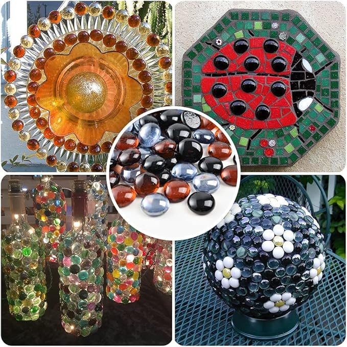 Flat Glass Marbles 1lb, 100PCS Mixed Color Black Amber Gray Glass Beads Rocks Flat Gems Stone for Vase Filler Aquarium Tank Pebbles Decoration