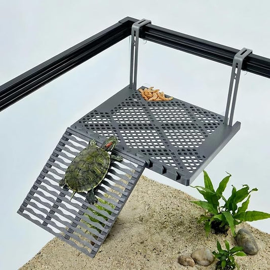 SolidForm Hanging Turtle Basking Platform with Built-in Food Tray, Zero Zip-Tied, Non-Slip Ramp Terrace, Resting Turtles Dock, for 20–75 Gallon Aquariums Frog Turtle Turtle Tank Accessories