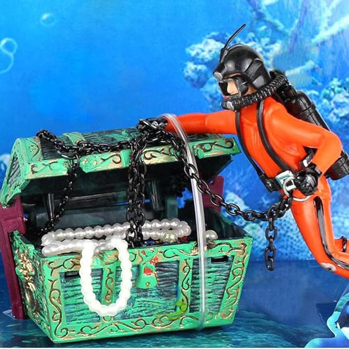 Live-Action Aquarium Ornament Creative Undersea Treasure Chest Diver Air Bubbler Aerating for Fish Tank Decorations Orange Color