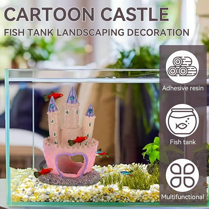 HERCHR Castle Aquarium Decoration, Fish Tanks Ornament Resin Castle Cave Hideouts House Plants Supplies Accessories Safe for Freshwater and Saltwater Fish Tanks(Pink)