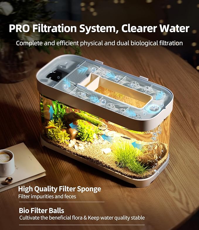 Smart Fish Tank 3 Gallon Aquarium Starter Kit with Temperature Monitor, Hidden Filtration, 8 Color Lighting, Self Cleaning Small Betta Tank Acrylic