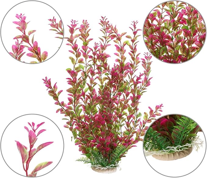 18 Inch Artificial Aquarium Plants, Red Rhodo Plastic Fish Tank Decorations, Safe for Freshwater & Saltwater, Non-Toxic Stone Base Ornament for Betta Fish Tank