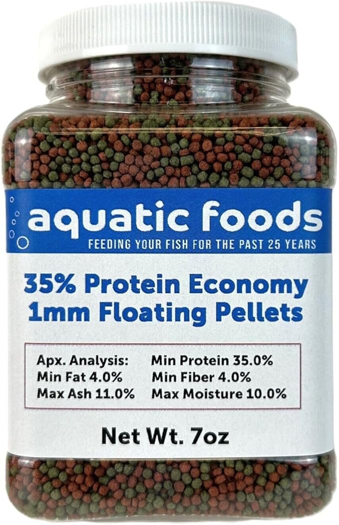 1mm - 1/32, 35% Protein Economy Floating Pellets for Tropical & Community Fish Tetras, Guppies, Angel Fish, Cichlids, Goldfish. All Tropical Fish - WL…7oz Jar