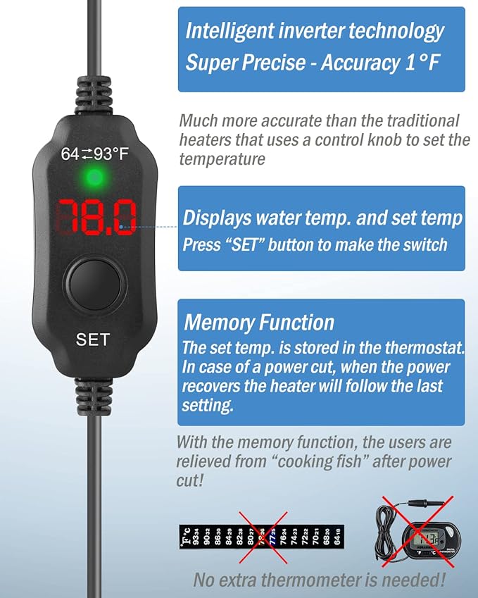 AquaMiracle Mini Aquarium Heater 30W Small Fish Tank Heater for 4-6 Gal Tanks, Digital Display Thermostat Betta Heater with Dry-Run & Overheat Protection, Memory Function
