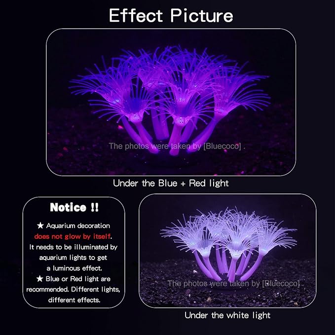 Artificial Flowers Soft Silica Gel Moves Naturally with Water Flow, Aquarium Decorations Glow in The Dark, Glowing Coral Ornaments for Fish Tank Decorations (Purple, Sunflower)