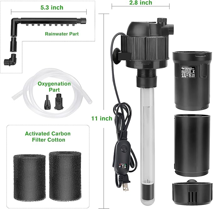 hygger 4-in-1 Submersible U-V Filter Pump, Internal Green Water Killer with Timer, 210GPH 8W Adjustable Fish Tank Filter, Increase Oxygen for 40-80 Gallon Aquarium Tank