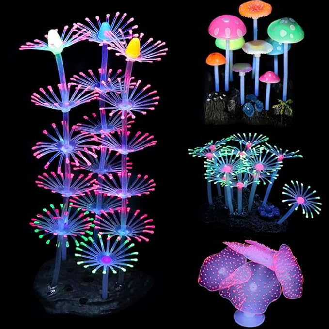 BEIJIALY 5Pcs Aquarium Ornament Glowing Silicone Simulation Aquarium Mushroom Coral Decoration for Fish Tank Aquarium, Silicon Glow Aquarium Plants Ornaments Kit