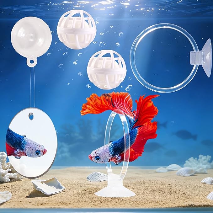 Betta Fish Toys, 2 PCS Fish Exercise Ring and Nitrifying Balls Set, Betta Mirror Toy Set, Feeding Ring with Suction Cup, Fishing Tank Accessories for Gifts (Clear)