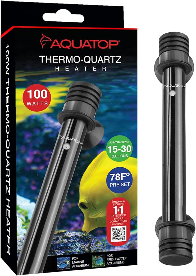 Aquatop 100W Thermo-Quartz Electronic Heater - Fully Submersible for Fish Tanks Up to 30 Gallons, Preset 78F Electric Thermostat, Fresh & Saltwater Use, Aquarium Heaters, TQ-100W